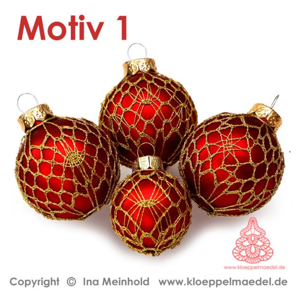 487 Klöppelbrief Verzierungen für kleine Christbaumkugeln "Goldglanz"  6 verschiedene Muster - Motiv 1